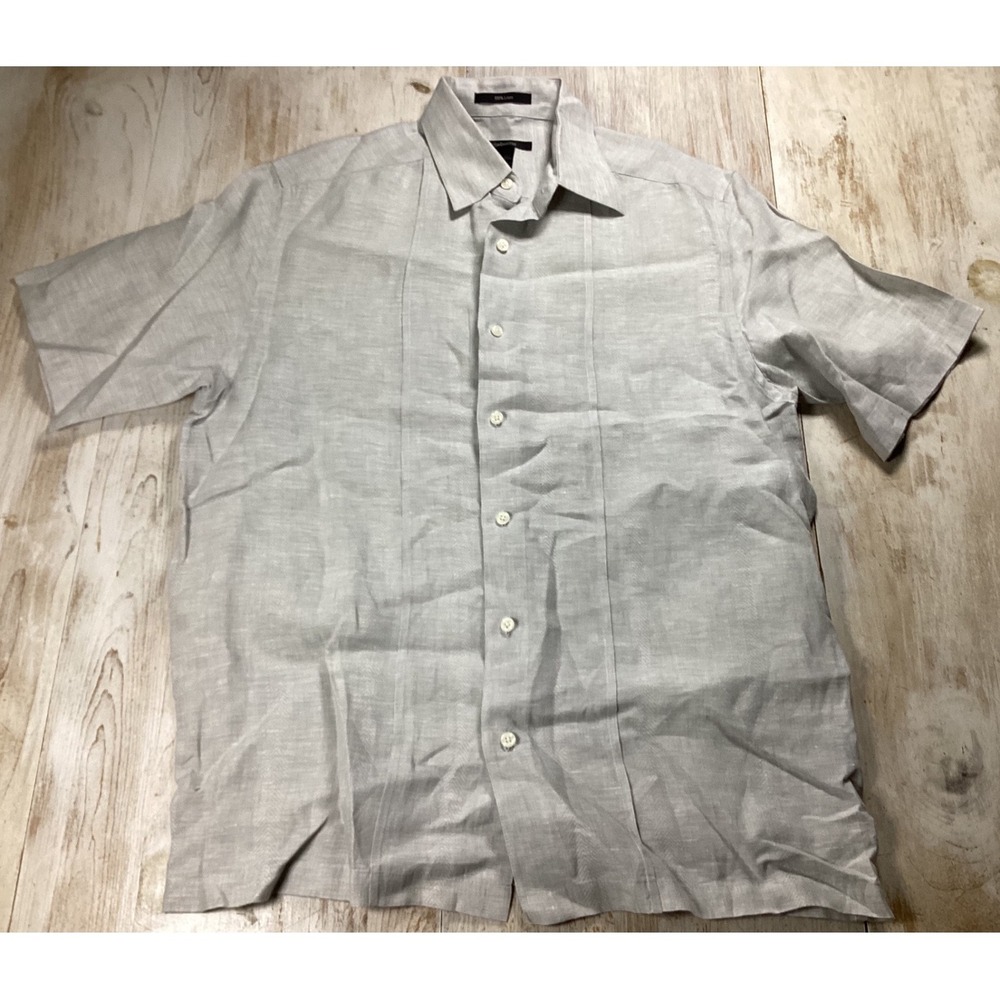 Claiborne Men Gray 100% Linen Short Sleeve Button Down Shirt Pintuck Size Medium